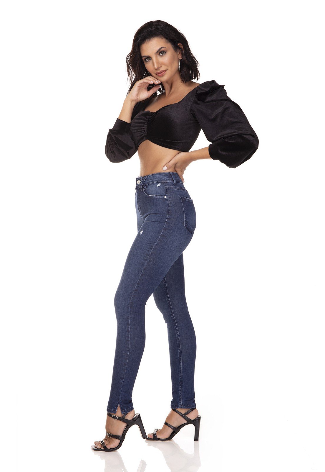 dz3284 calca jeans skinny media cigarrete fenda na barra denim zero lado