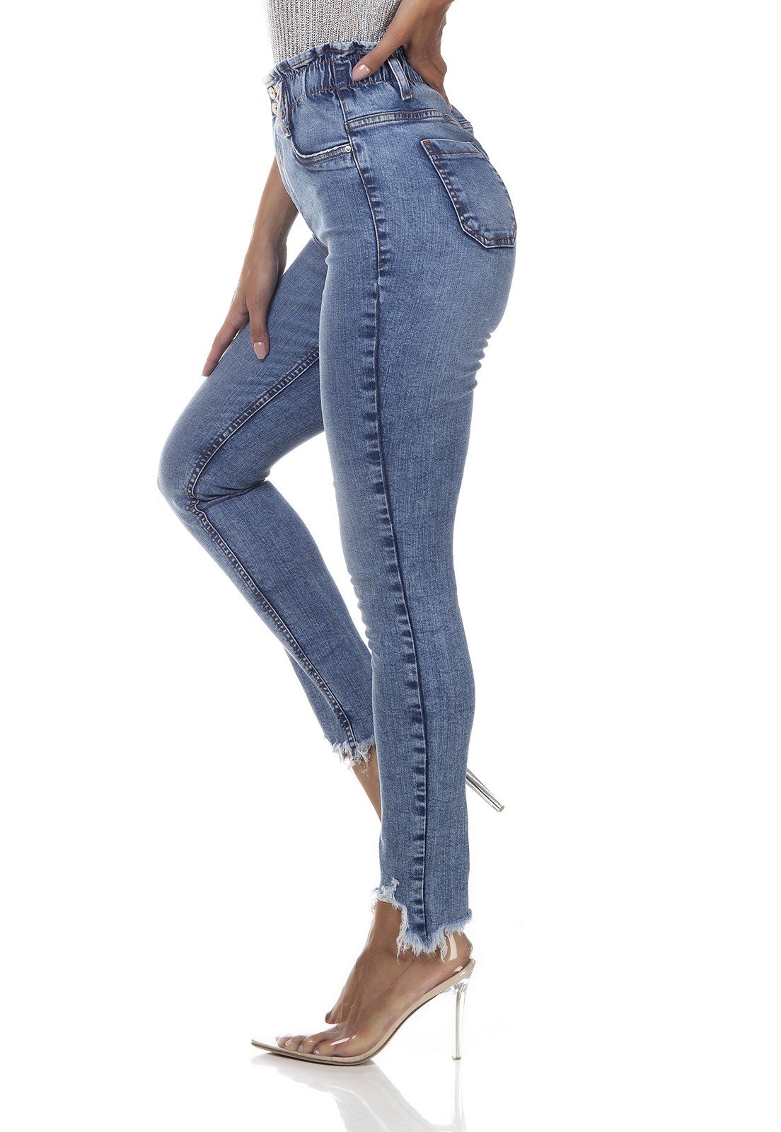 dz3286 calca jeans feminina skinny media cigarrete elastico no cos denim zero lado prox