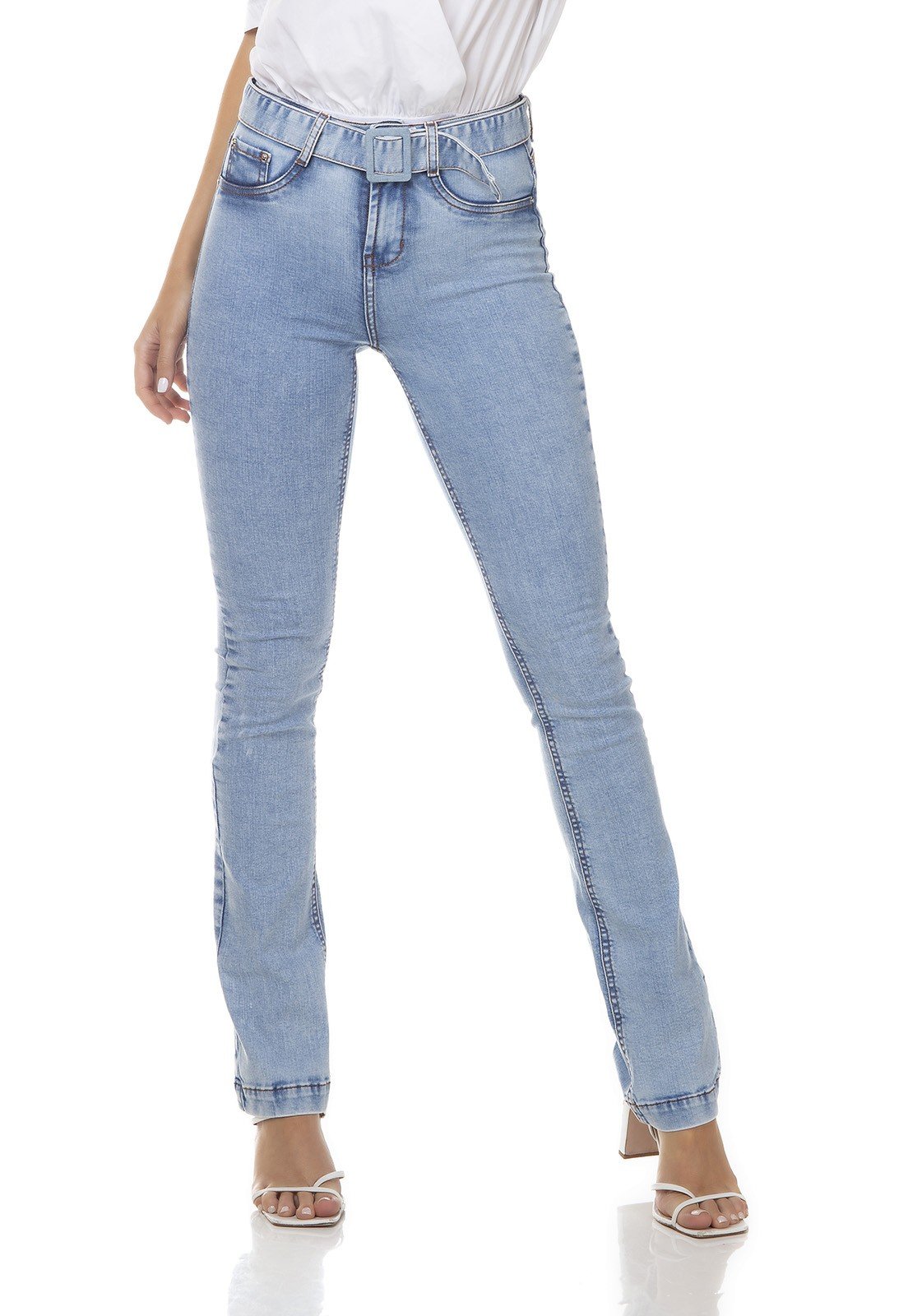 dz3288 calca jeans feminina boot cut com cinto denim zero frente 02 prox