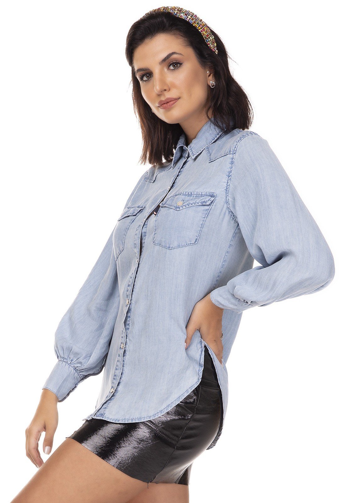 dz11144 camisa jeans feminina oversize manga bufante denim zero lado prox