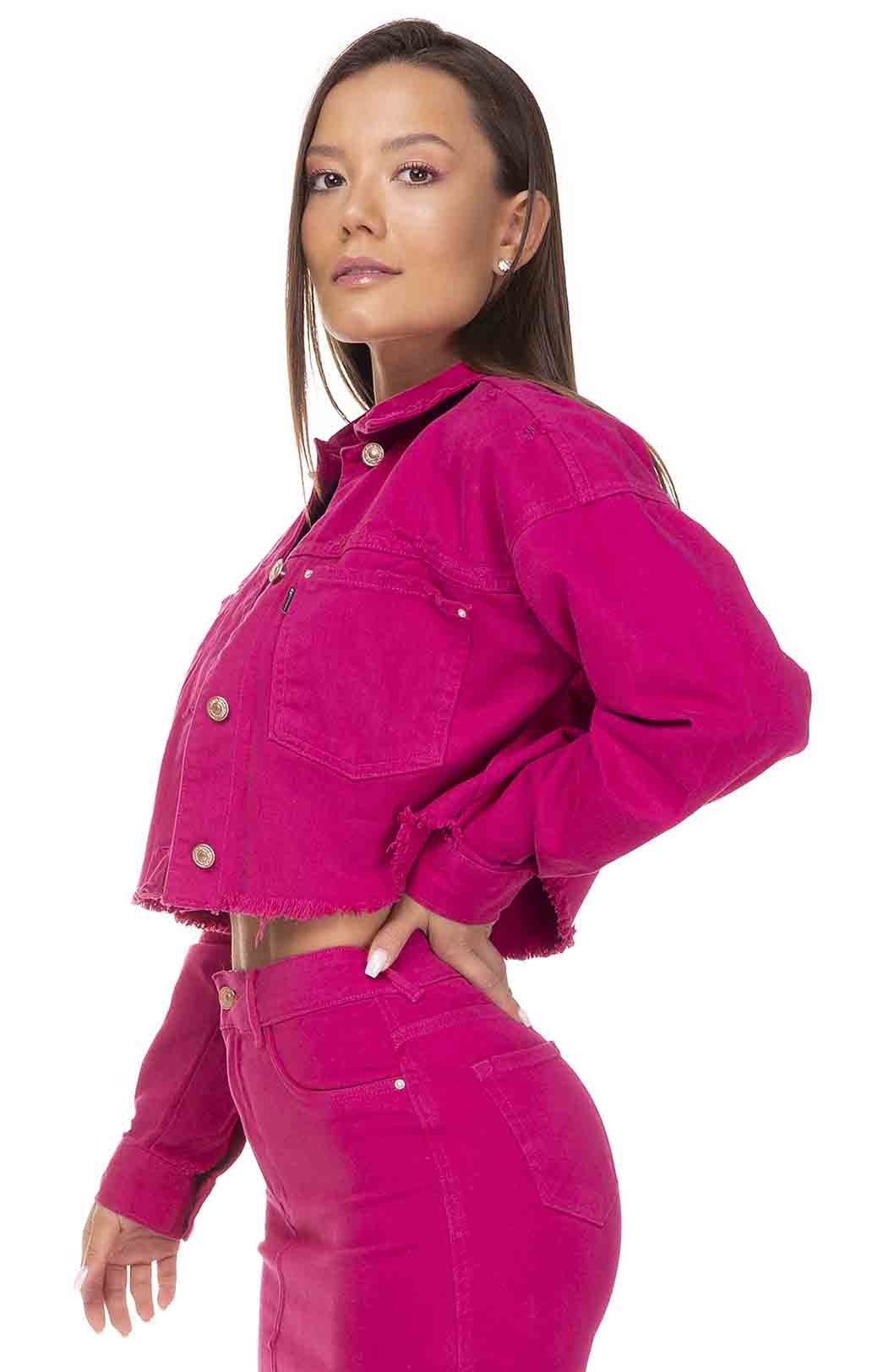 dz9105 jaqueta jeans feminina retro cropped colorida denim zero lado prox