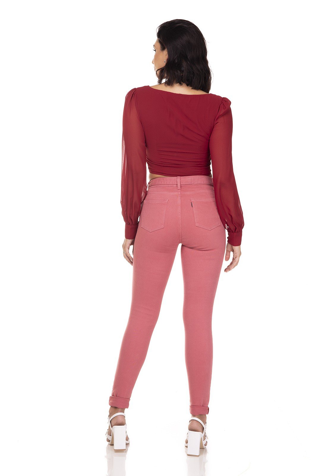 dz3362 calca jeans feminina skinny media com cinto blush denim zero costas