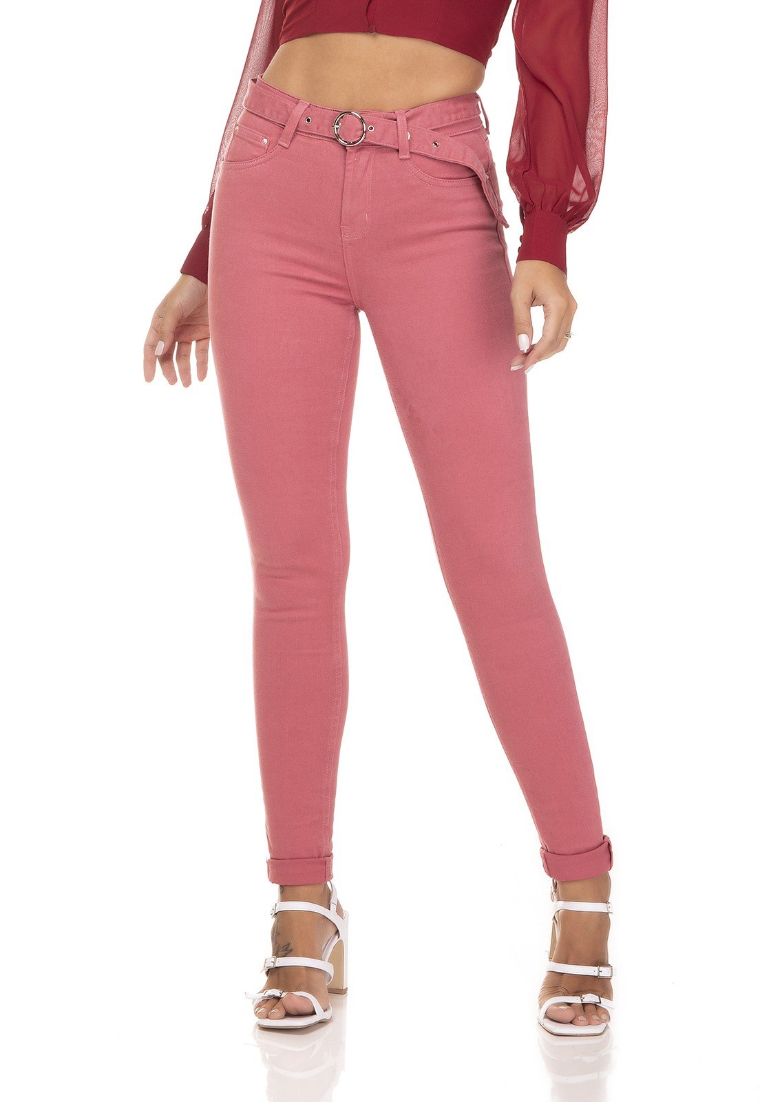 dz3362 calca jeans feminina skinny media com cinto blush denim zero frente prox