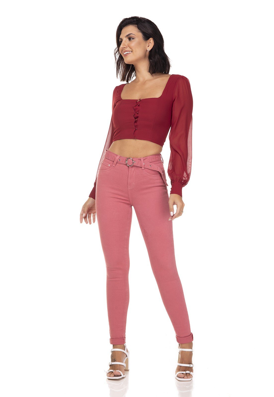 dz3362 calca jeans feminina skinny media com cinto blush denim zero frente