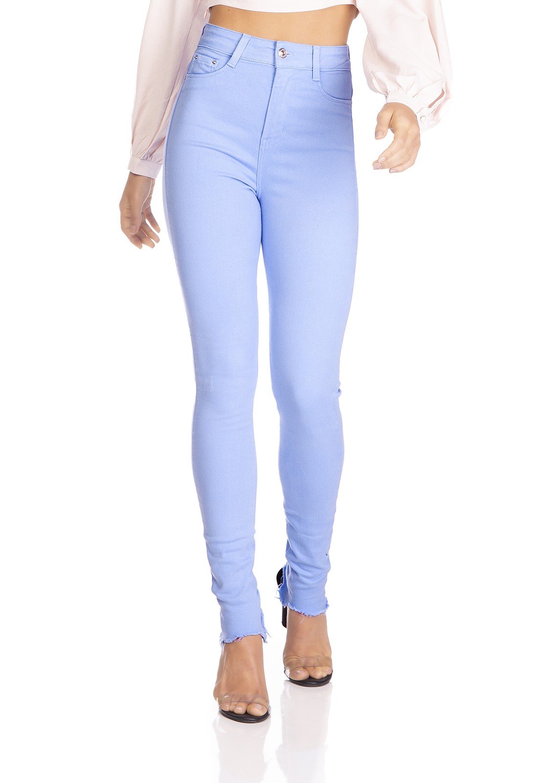 dz3127 calca jeans feminina hot pants barra desfiada colorida sky denim zero frente prox