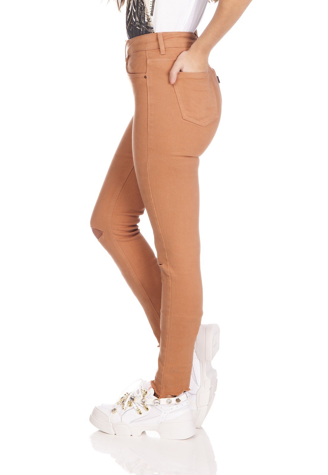 dz3123 calca jeans feminina skinny media cortes no joelho bronze denim zero lado prox
