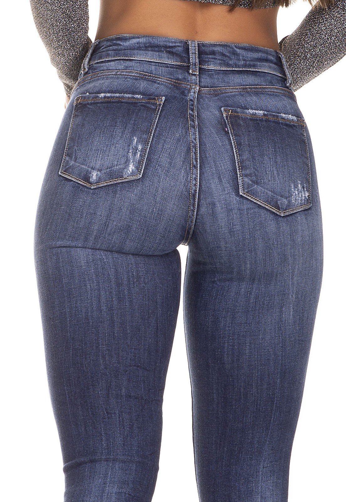 dz3217 calca jeans feminina skinny media barra desfiada denim zero costas detalhe