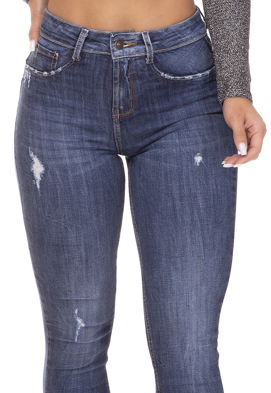 dz3217 calca jeans feminina skinny media barra desfiada denim zero frente detalhe