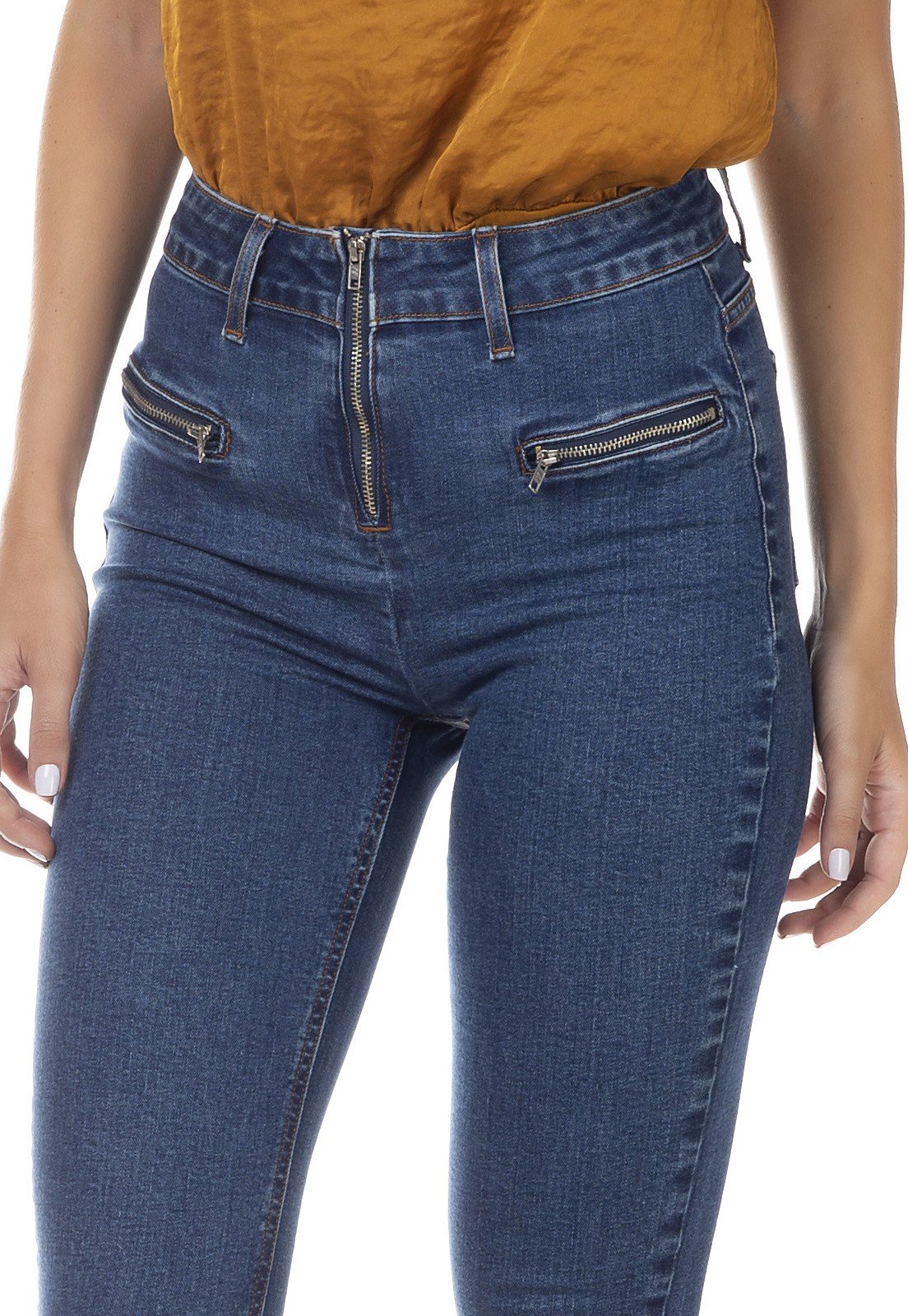 dz3344 calca jeans feminina skinny media fechamento com ziper denim zero frente detalhe