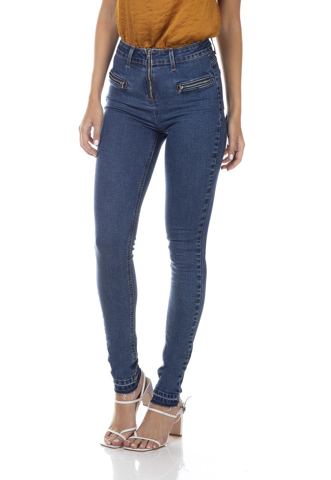 dz3344 calca jeans feminina skinny media fechamento com ziper denim zero frente prox