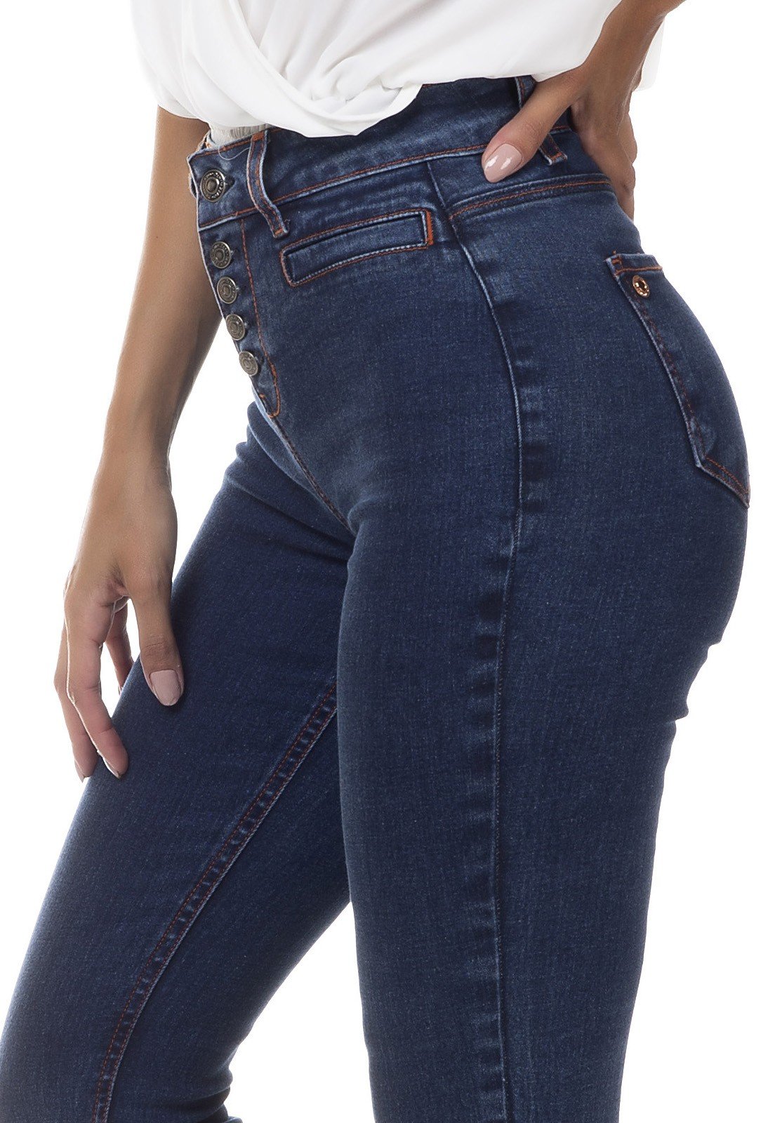 dz3317 calca jeans feminina skinny media cigarrete bolsos embutidos denim zero lado detalhe