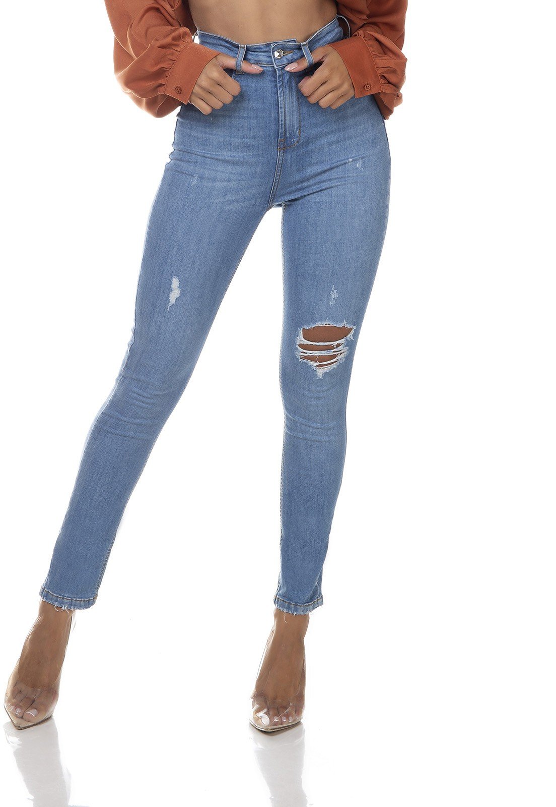 dz3338 calca jeans feminina skinny hot pants cigarrete com puidos denim zero frente prox