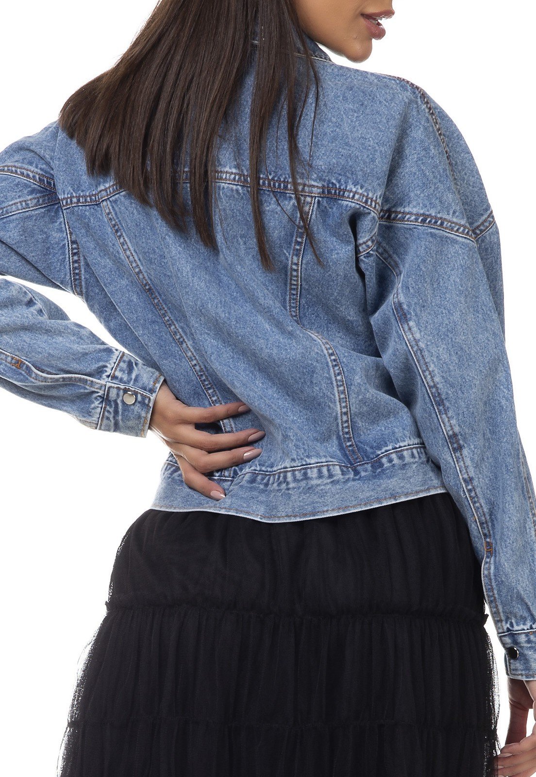 dz9108 jaqueta jeans feminina biker bolsos embutidos denim zero costas detalhe