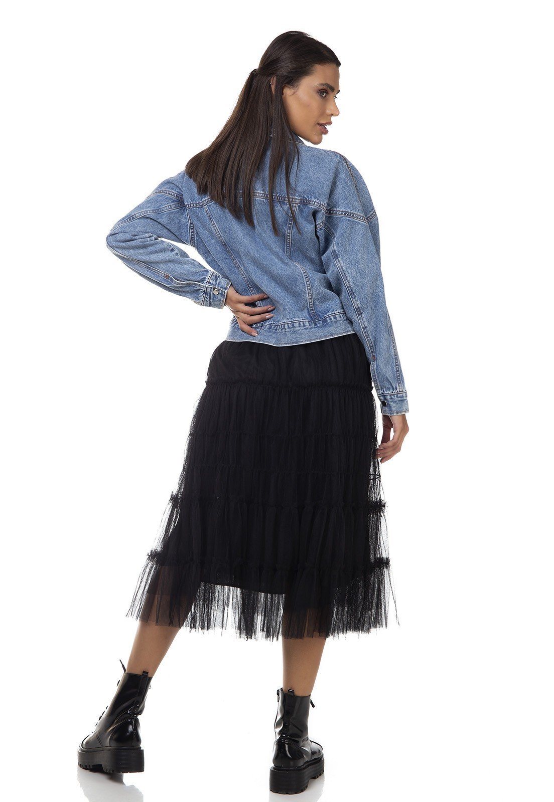 dz9108 jaqueta jeans feminina biker bolsos embutidos denim zero costas