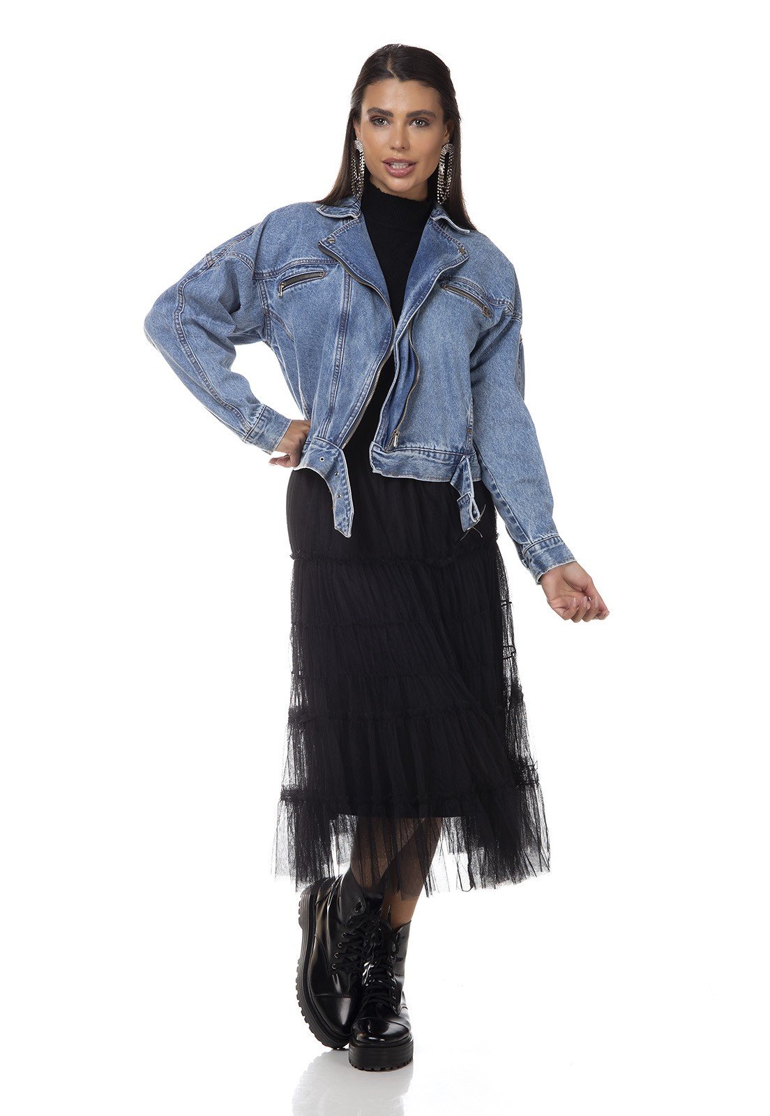 dz9108 jaqueta jeans feminina biker bolsos embutidos denim zero frente