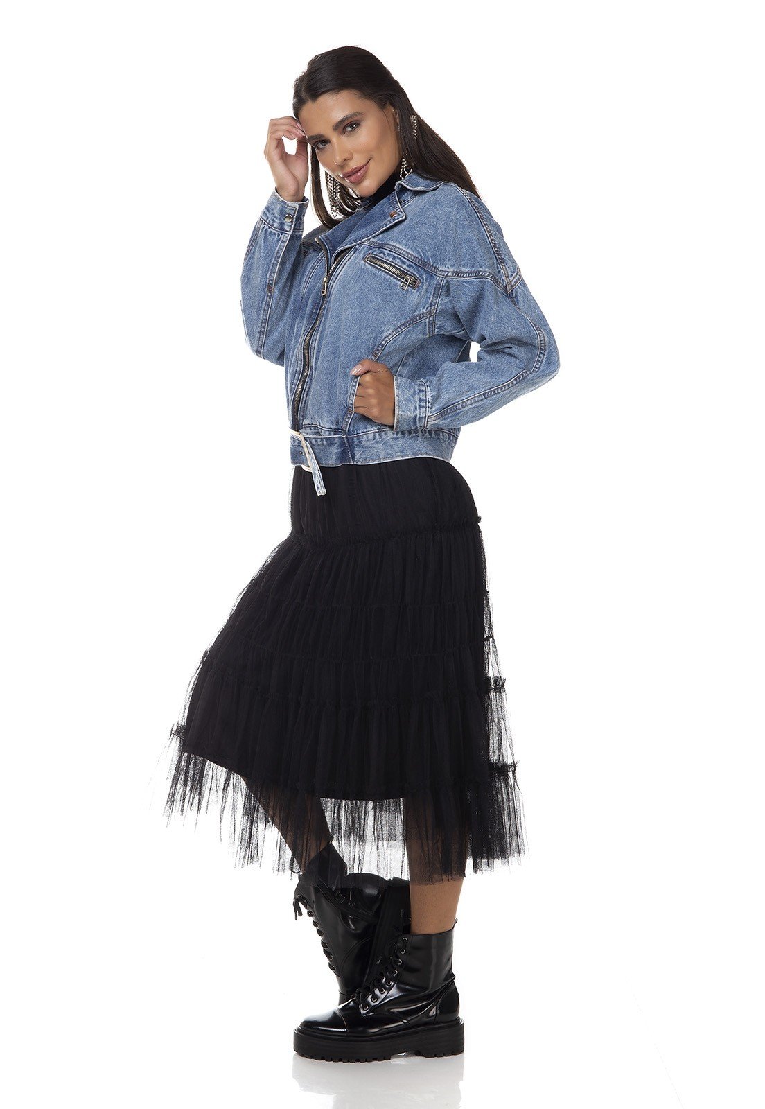 dz9108 jaqueta jeans feminina biker bolsos embutidos denim zero lado 02