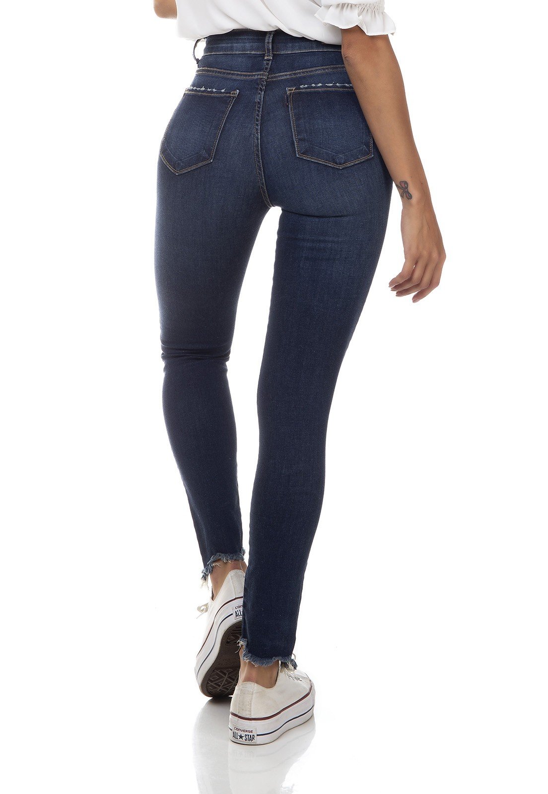 dz3315 calca jeans feminina skinny media cigarrete listra colorida lateral denim zero costas prox