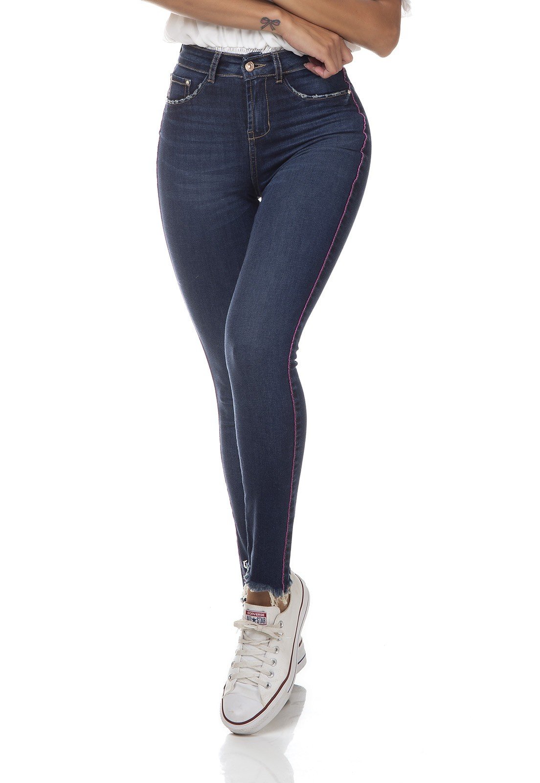 dz3315 calca jeans feminina skinny media cigarrete listra colorida lateral denim zero frente prox