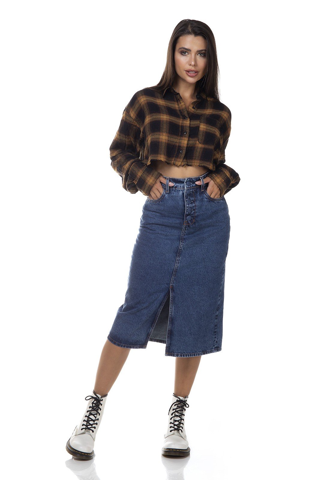 dz7141 saia jeans feminina lapis com botoes denim zero frente