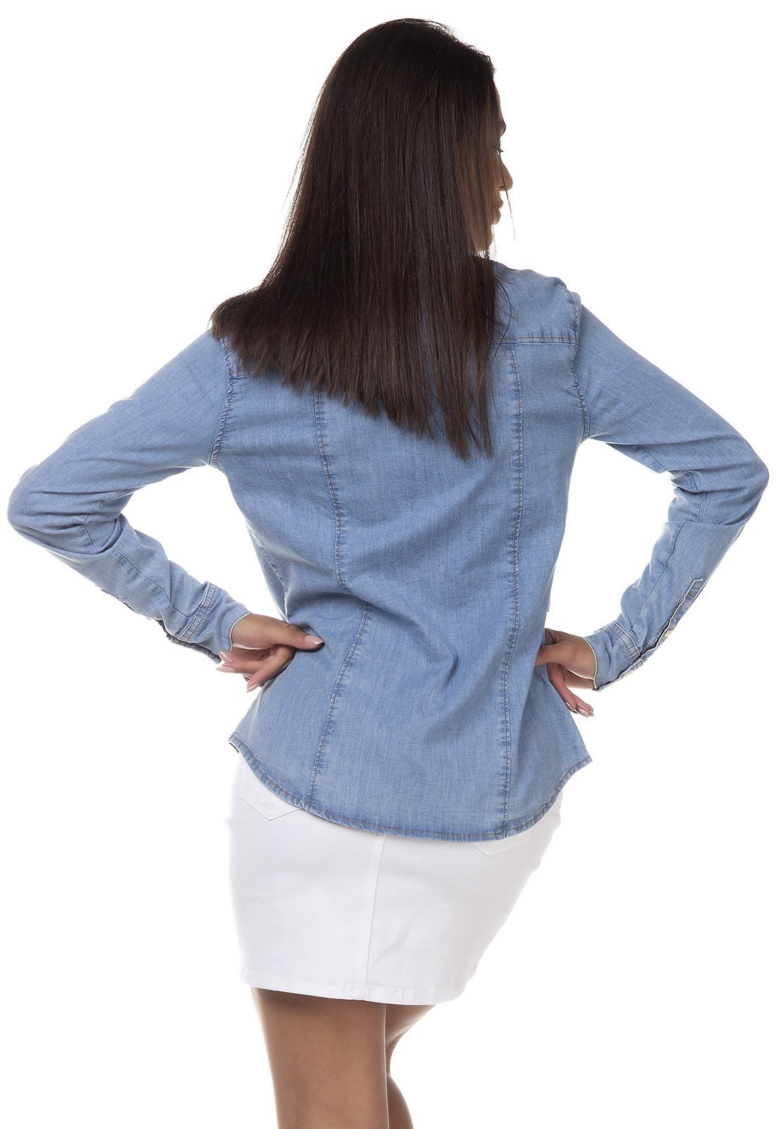 dz11145 camisa jeans feminina manga longa denim zero costas prox