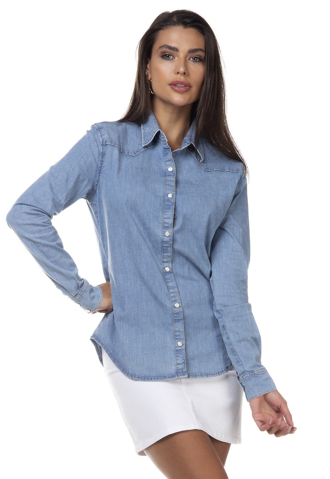 dz11145 camisa jeans feminina manga longa denim zero frente prox