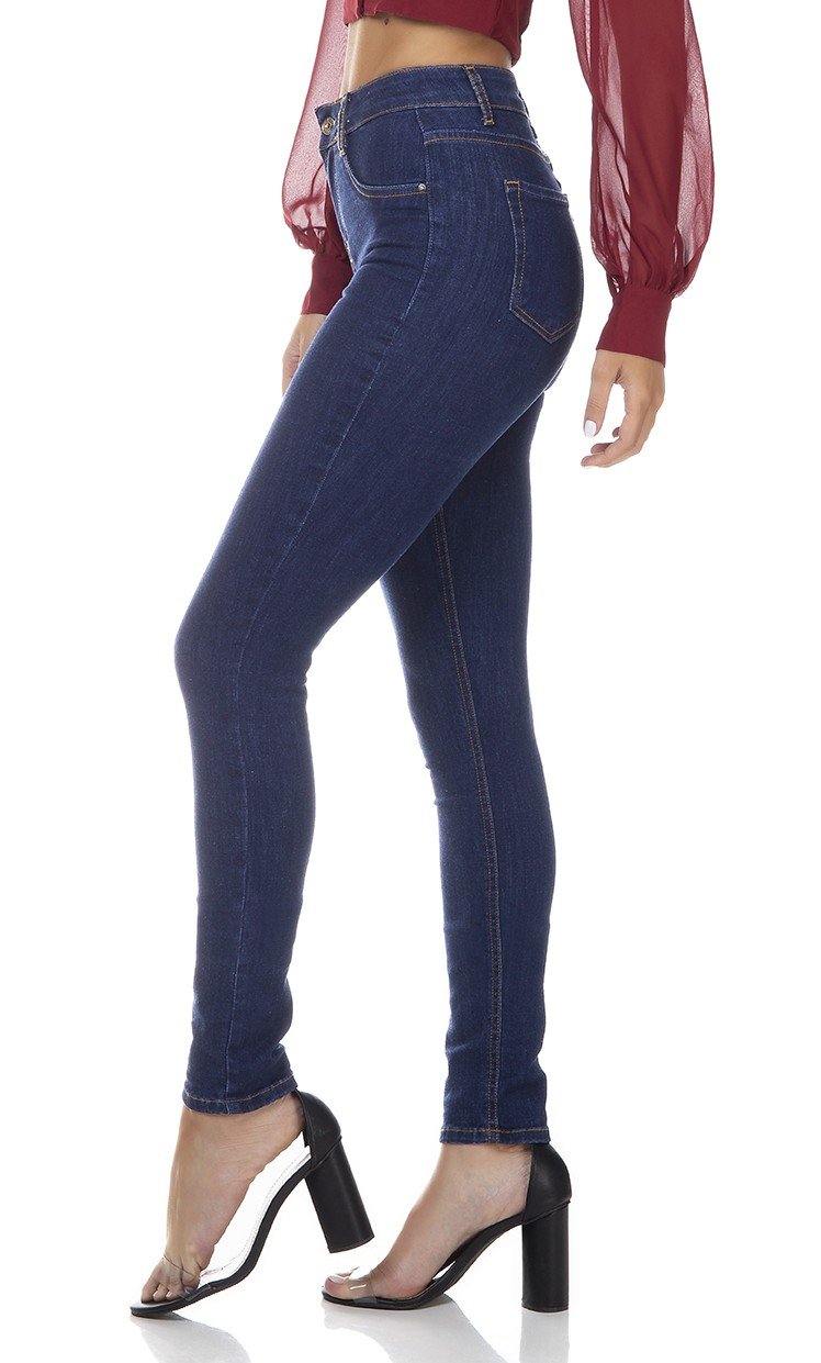 dz3347 calca jeans feminina skinny media tradicional denim zero lado prox