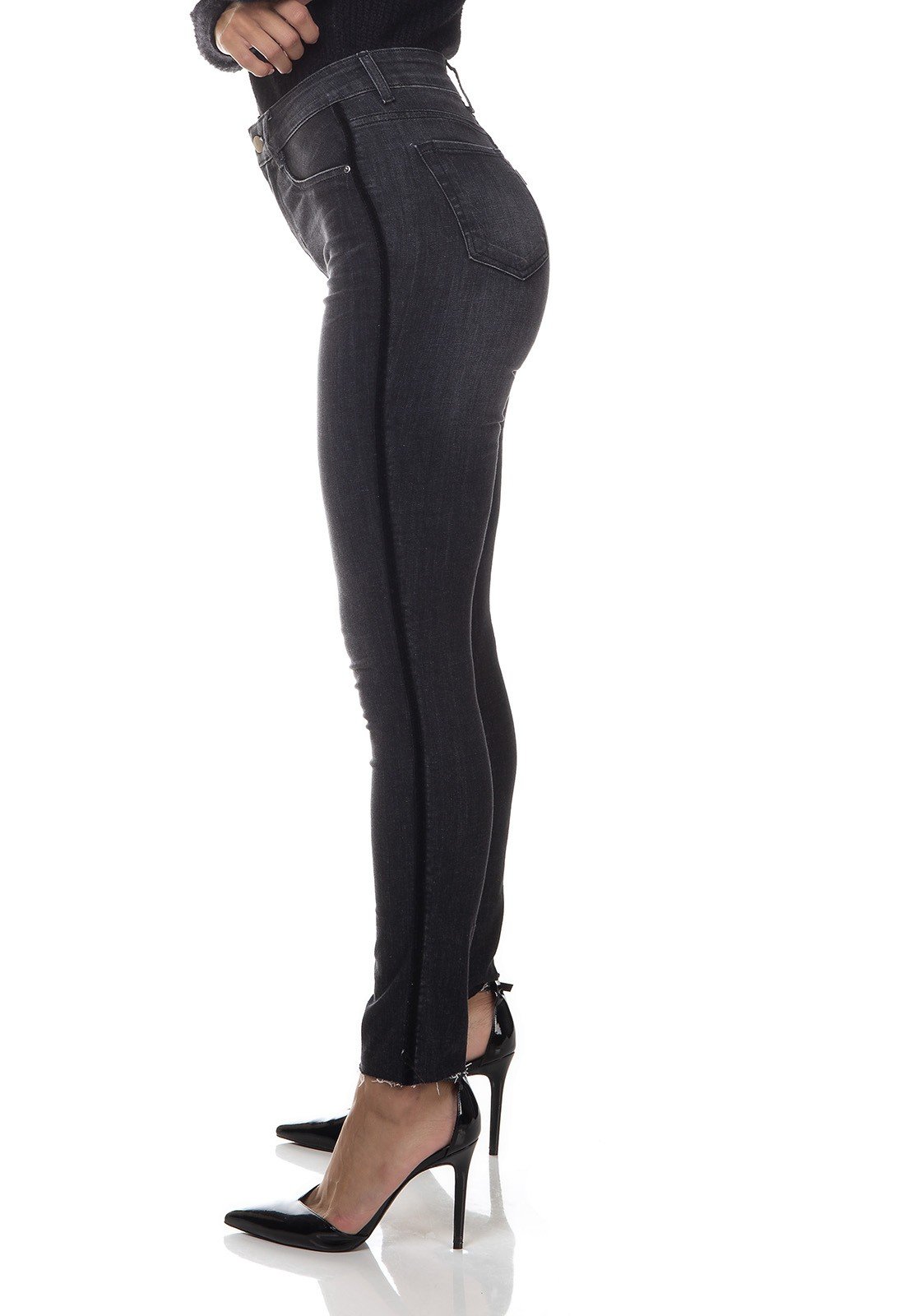 dz3314 calca jeans feminina skinny media cigarrete listra lateral denim zero lado prox