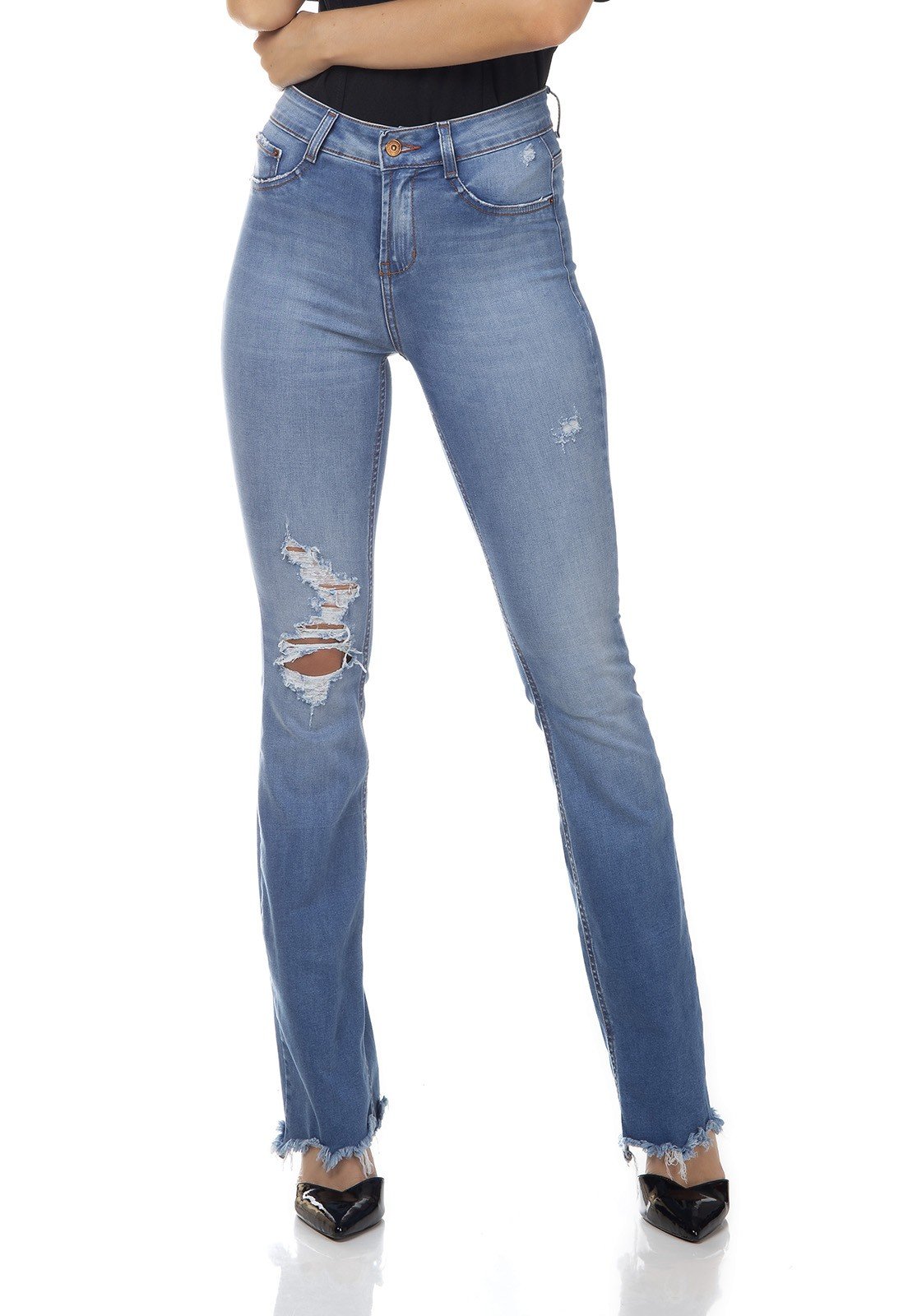 dz3339 calca jeans feminina boot cut media com rasgos denim zero frente prox