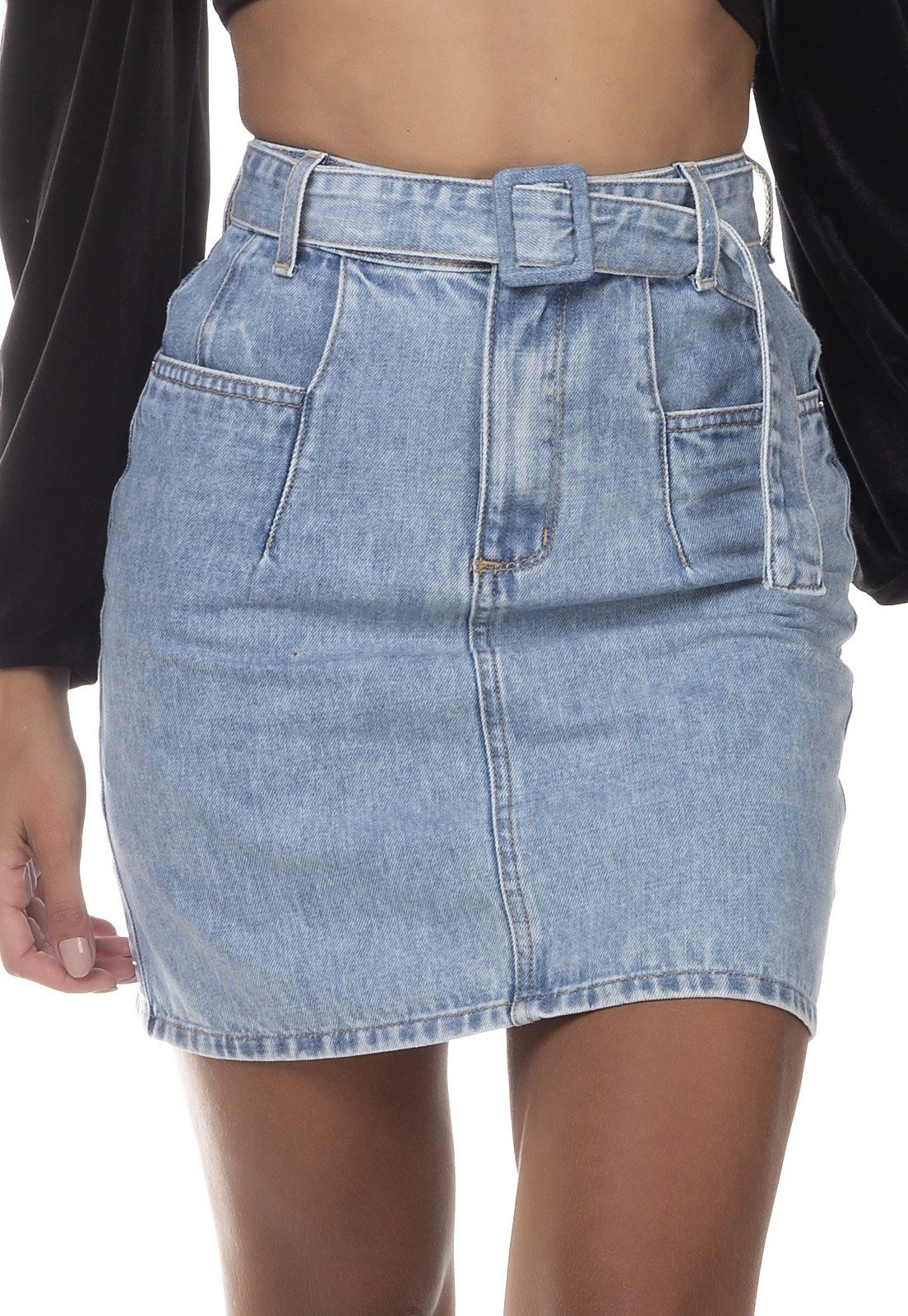 dz7140 saia jeans feminina regular bolso diferenciado denim zero frente detalhe