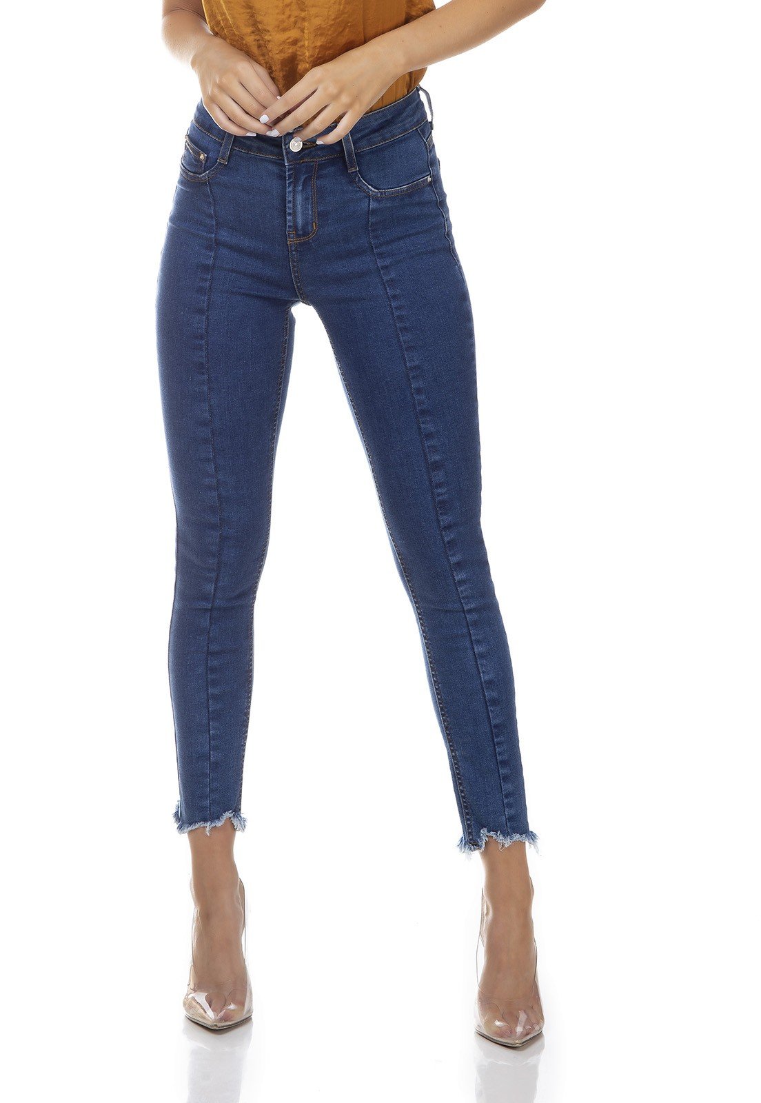 dz3316 calca jeans feminina skinny media cigarrete recorte frontal denim zero frente prox