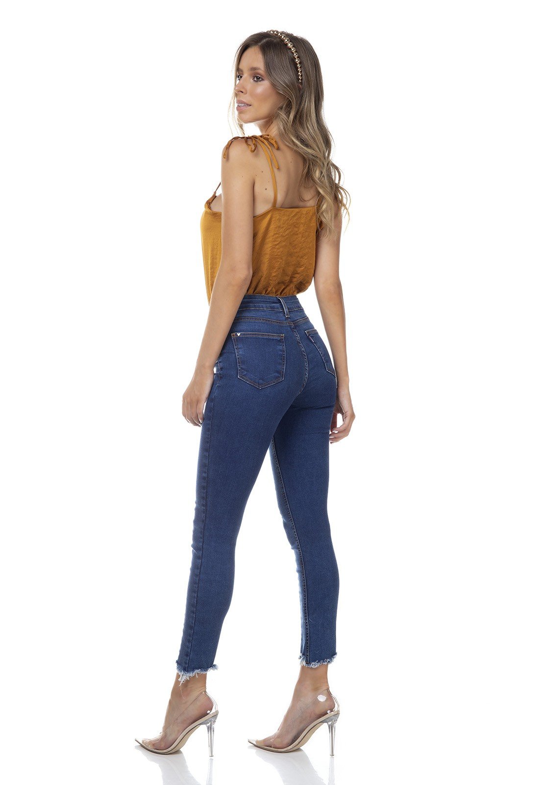 dz3316 calca jeans feminina skinny media cigarrete recorte frontal denim zero costas