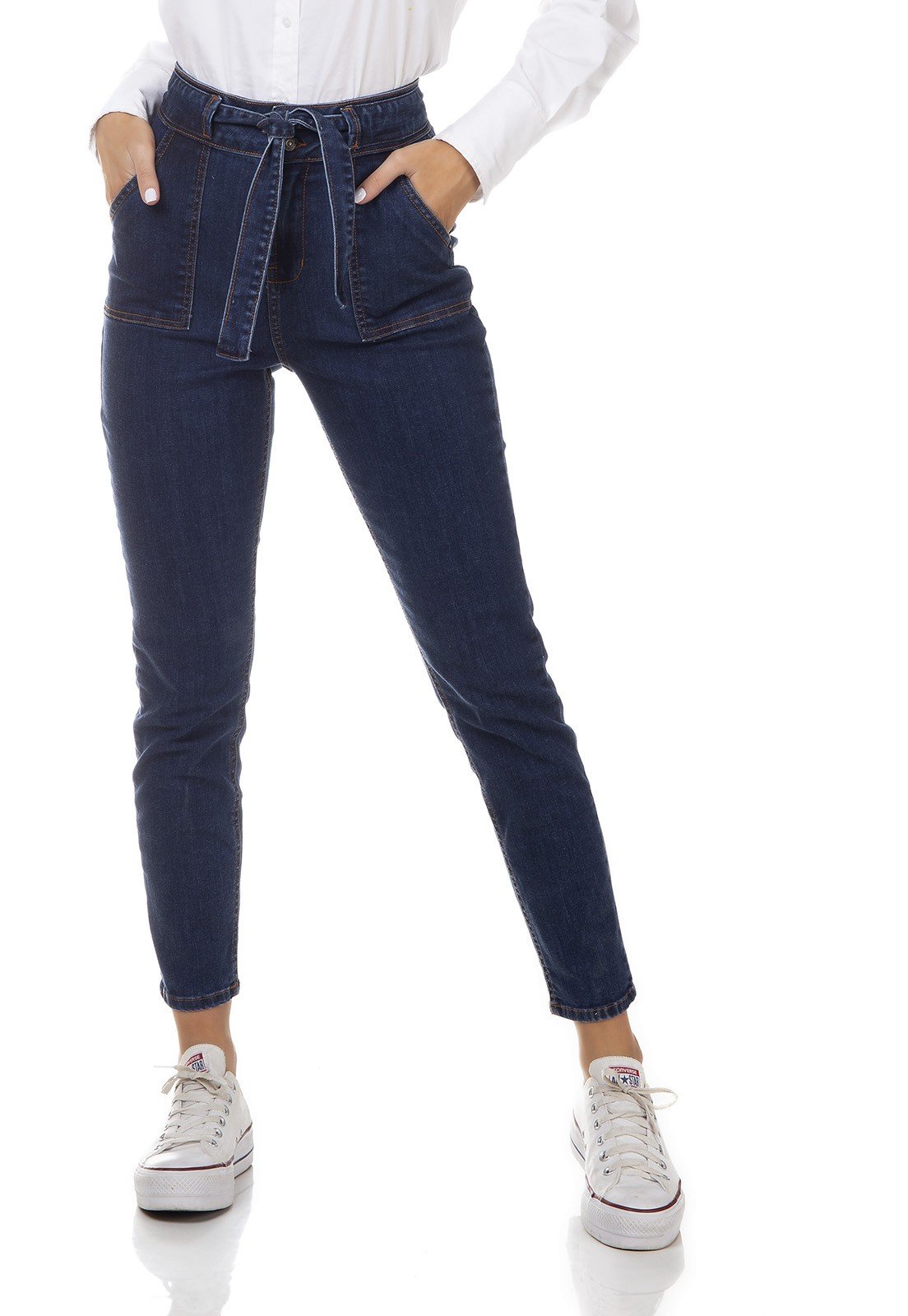 dz3326 calca jeans feminina mom fit com cinto denim zero frente prox