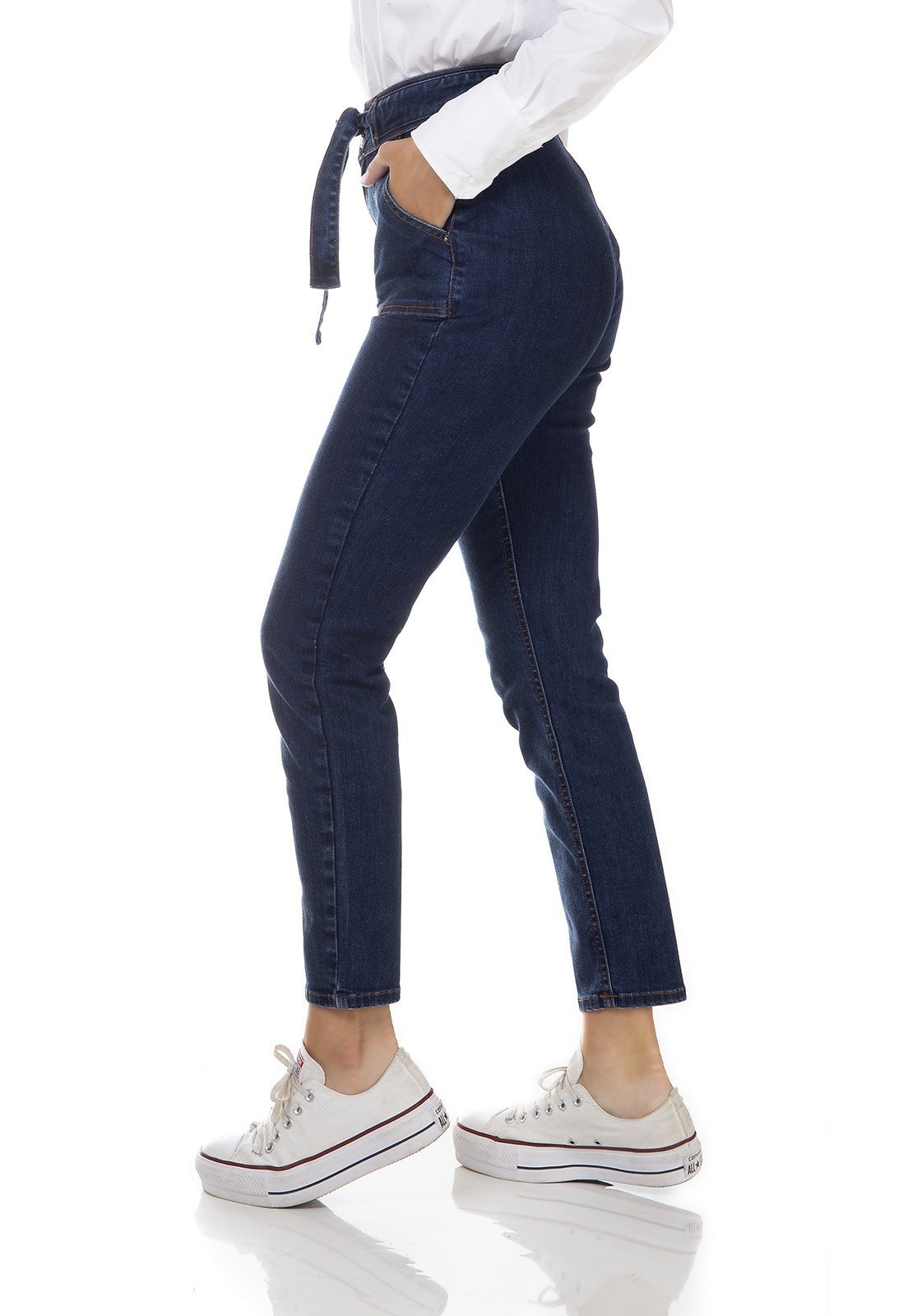 dz3326 calca jeans feminina mom fit com cinto denim zero lado prox