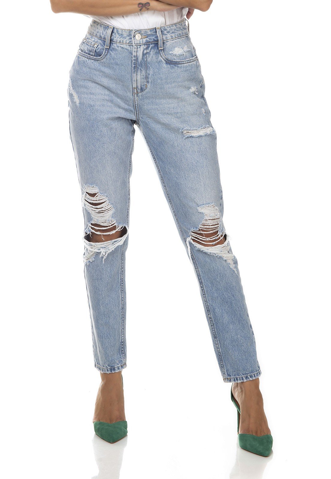 dz3328 calca jeans feminina mom destroyed denim zero frente prox