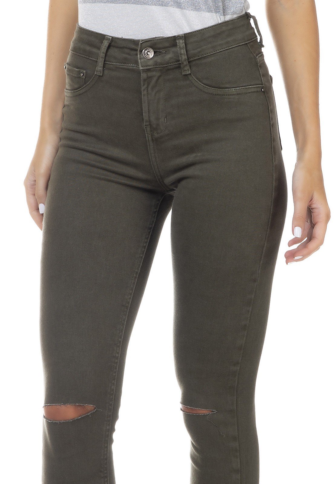 dz3302 calca jeans feminina skinny media colorida barra desfiada verde militar denim zero frente detalhe