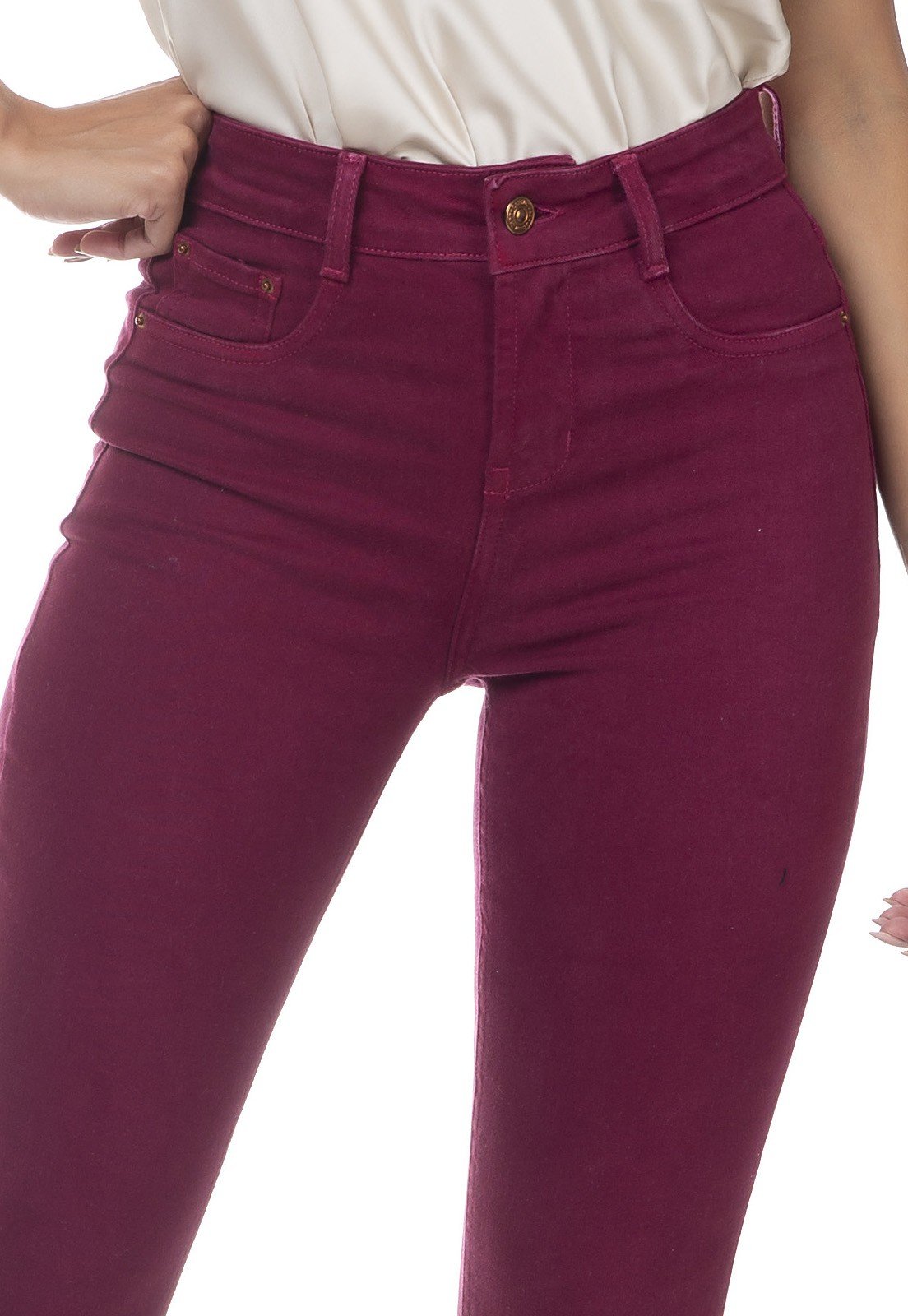 dz3308 calca jeans feminina flare media colorida maca do amor denim zero frente detalhe