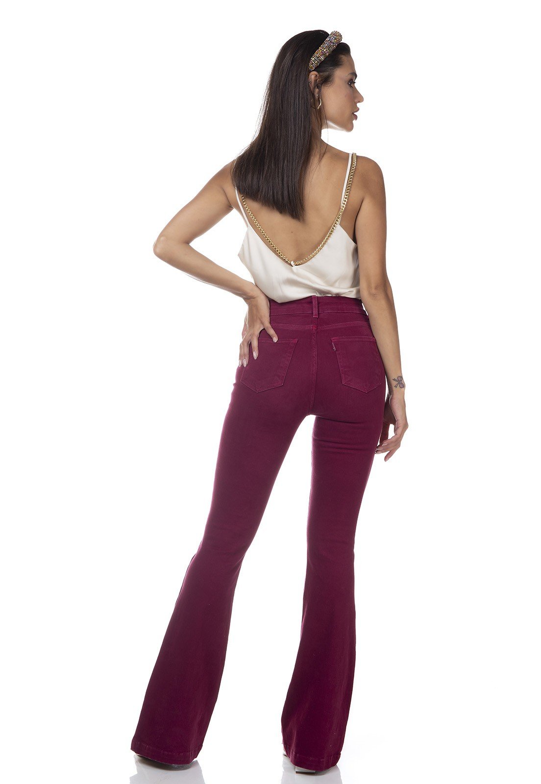 dz3308 calca jeans feminina flare media colorida maca do amor denim zero costas