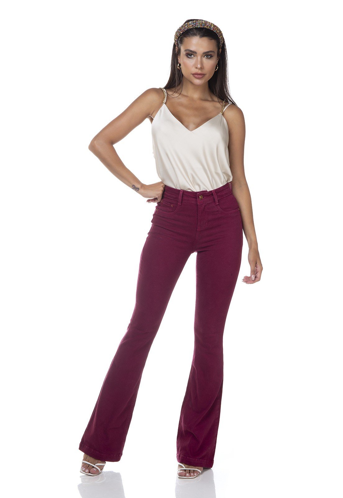 dz3308 calca jeans feminina flare media colorida maca do amor denim zero frente