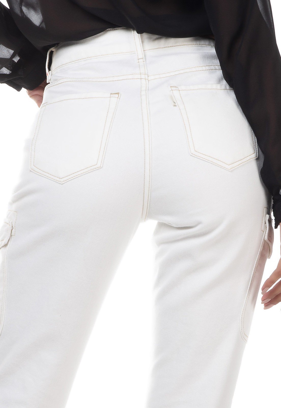 dz3329 calca jeans feminina mom com bolsos laterais denim zero costas detalhe