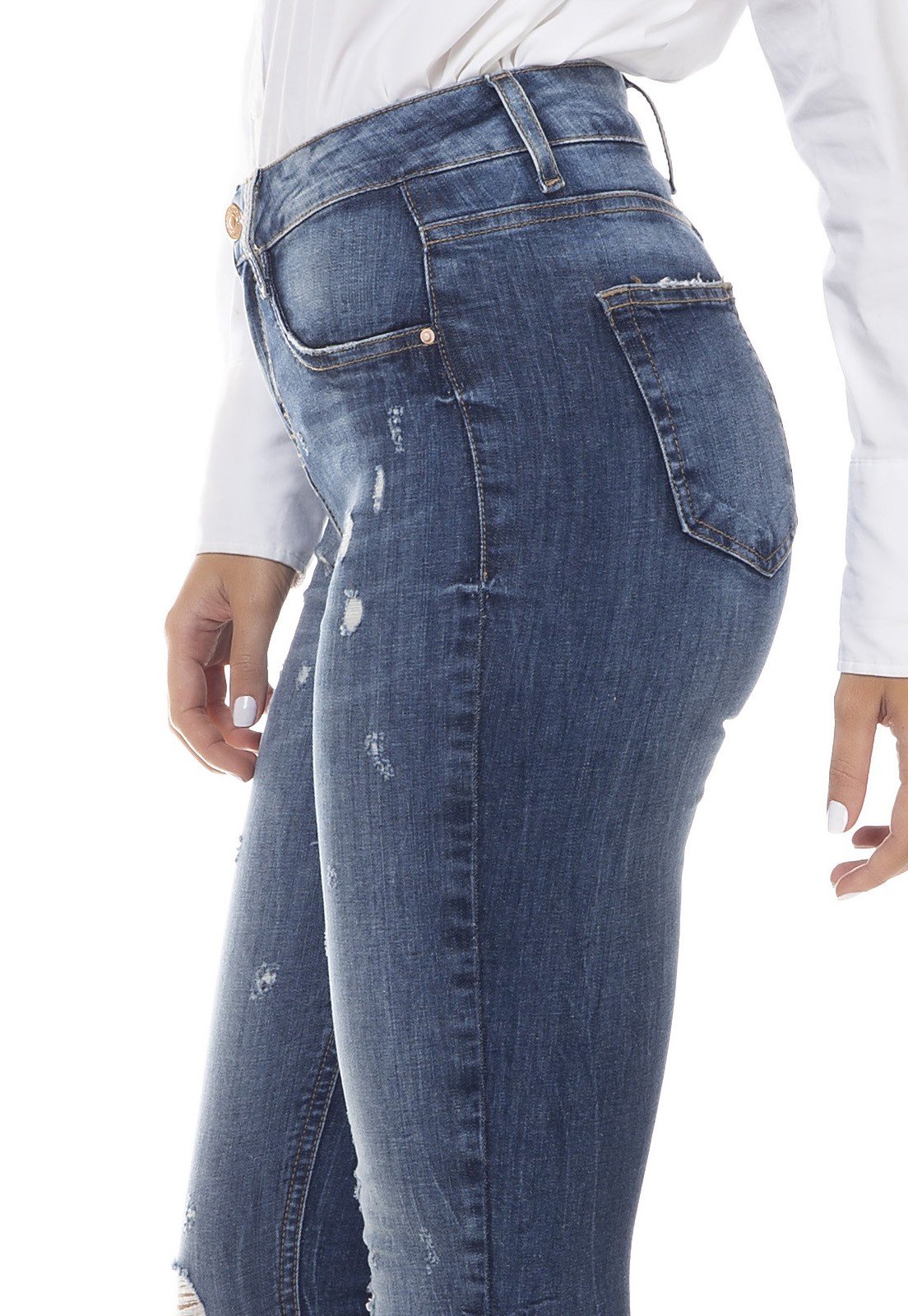 dz3351 calca jeans feminina skinny media cropped com puidos denim zero lado detalhe