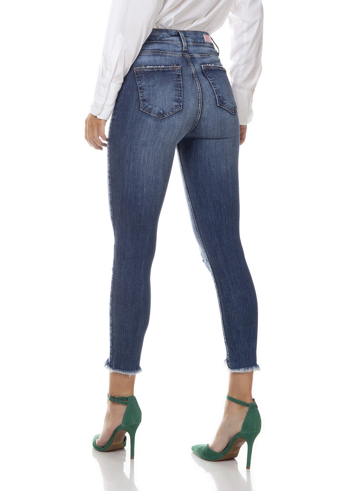 dz3351 calca jeans feminina skinny media cropped com puidos denim zero costas prox