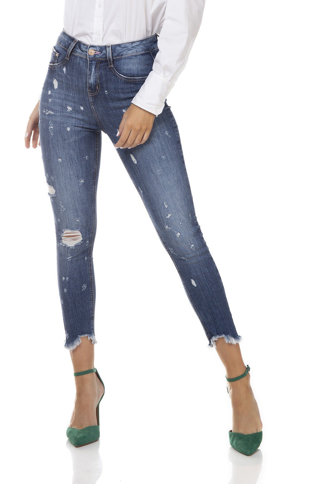 dz3351 calca jeans feminina skinny media cropped com puidos denim zero frente prox
