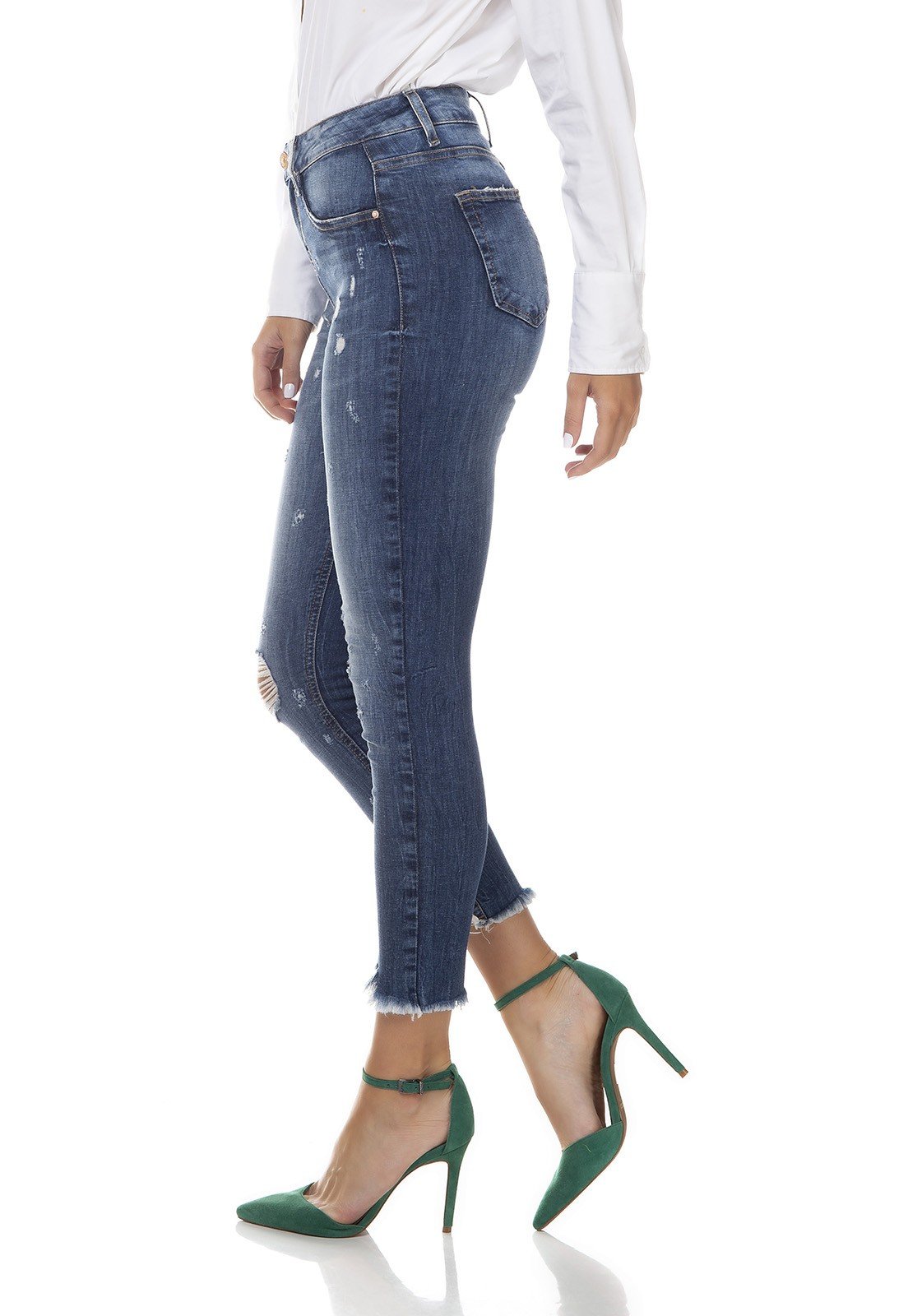 dz3351 calca jeans feminina skinny media cropped com puidos denim zero lado prox