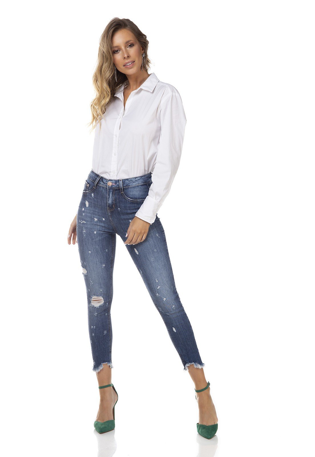 dz3351 calca jeans feminina skinny media cropped com puidos denim zero frente