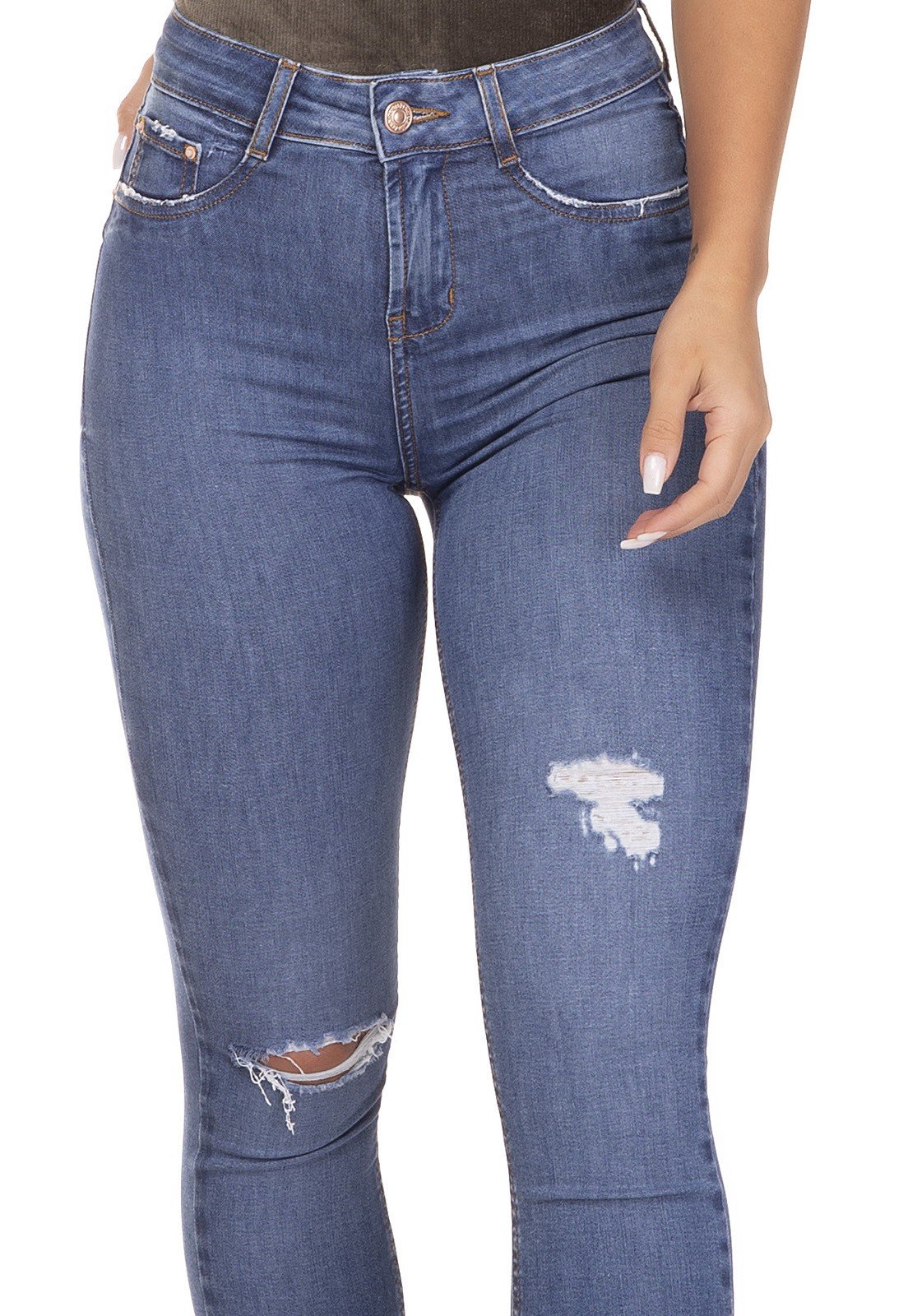 dz3289 calca jeans skinny media cigarrete rasgo no joelho denim zero frente detalhe