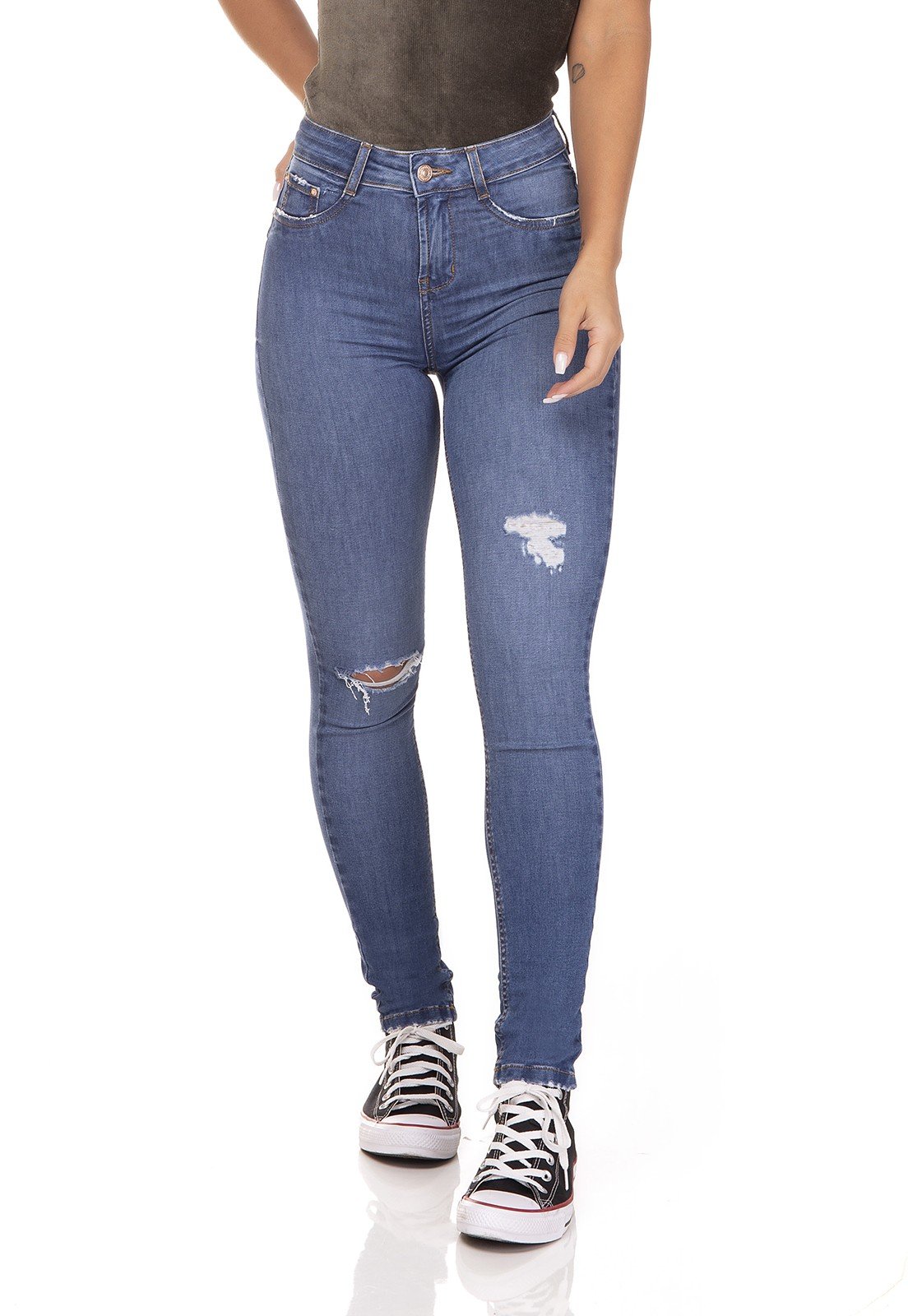 dz3289 calca jeans skinny media cigarrete rasgo no joelho denim zero frente prox