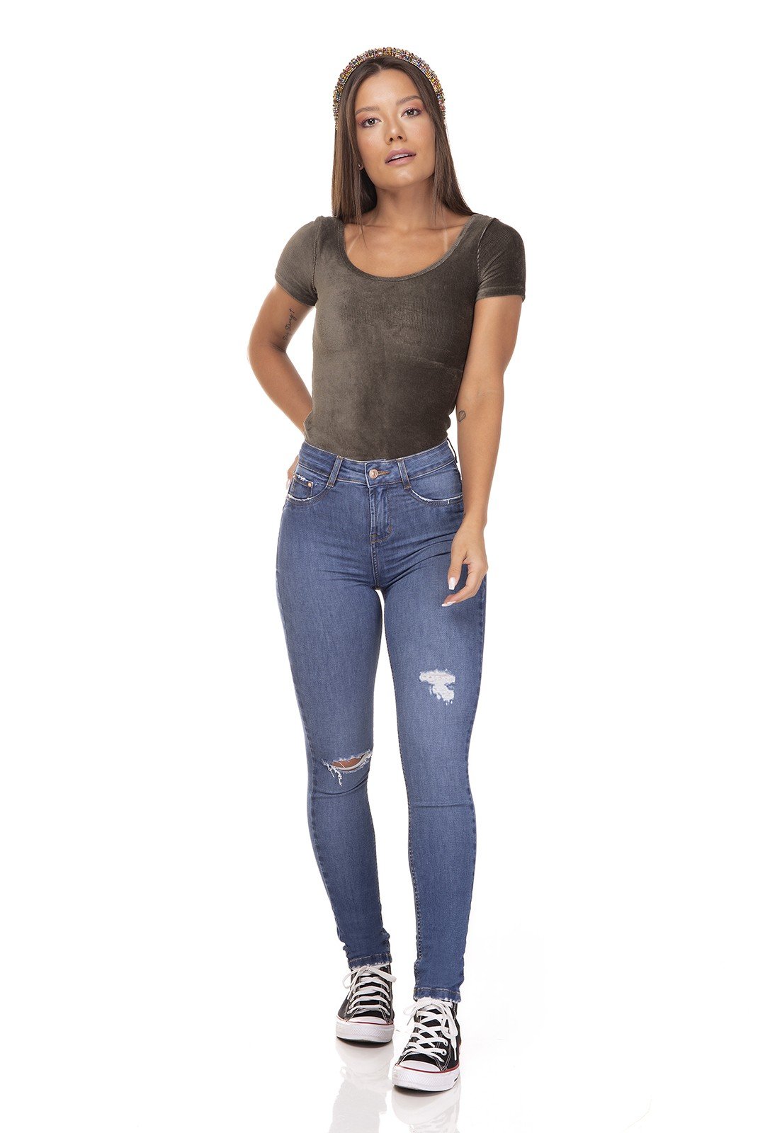 Calça Jeans Feminina Skinny Média Cigarrete Rasgo No Joelho- DZ3289
