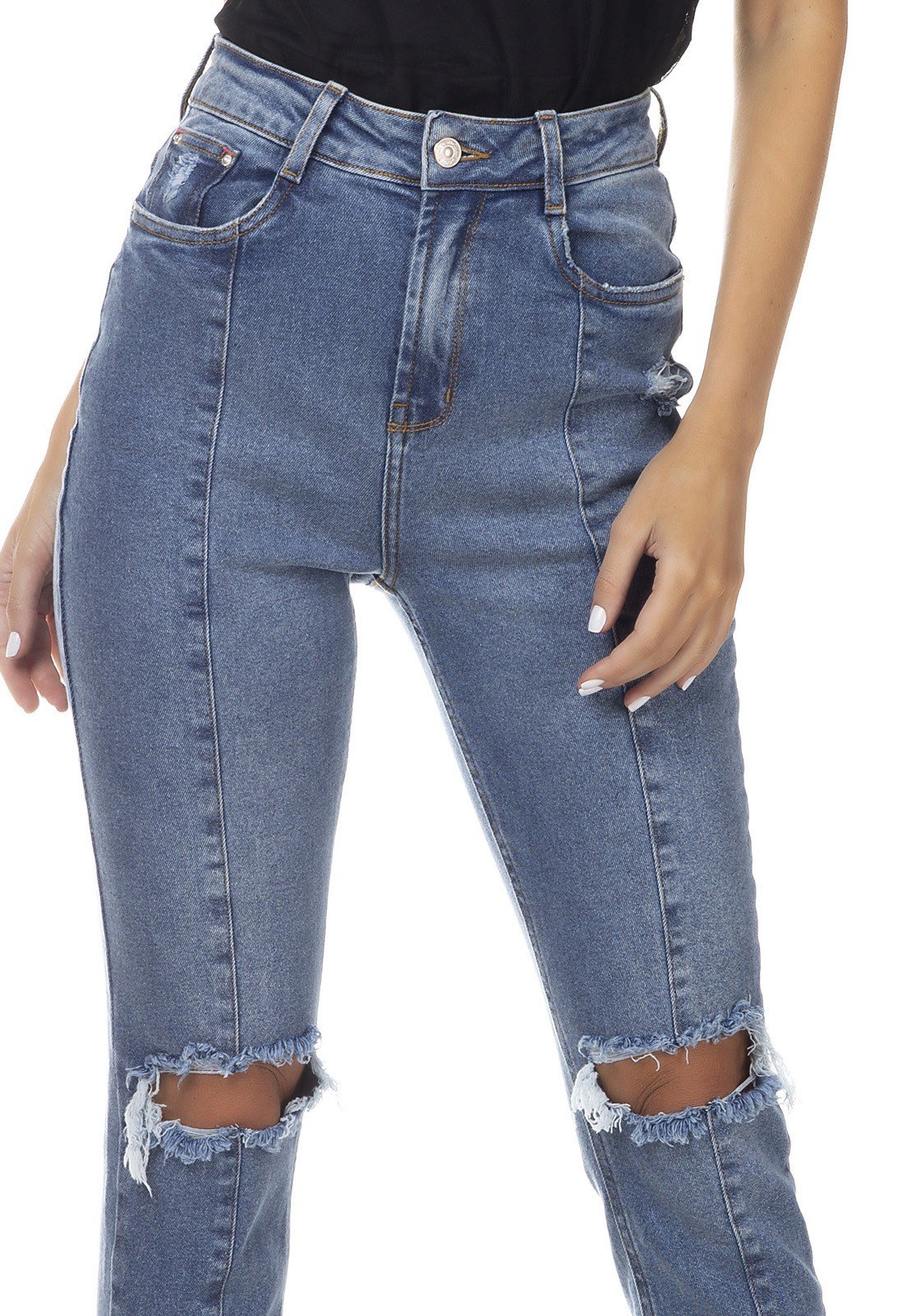 dz3325 calca jeans feminina mom fit rasgo no joelho denim zero frente detalhe
