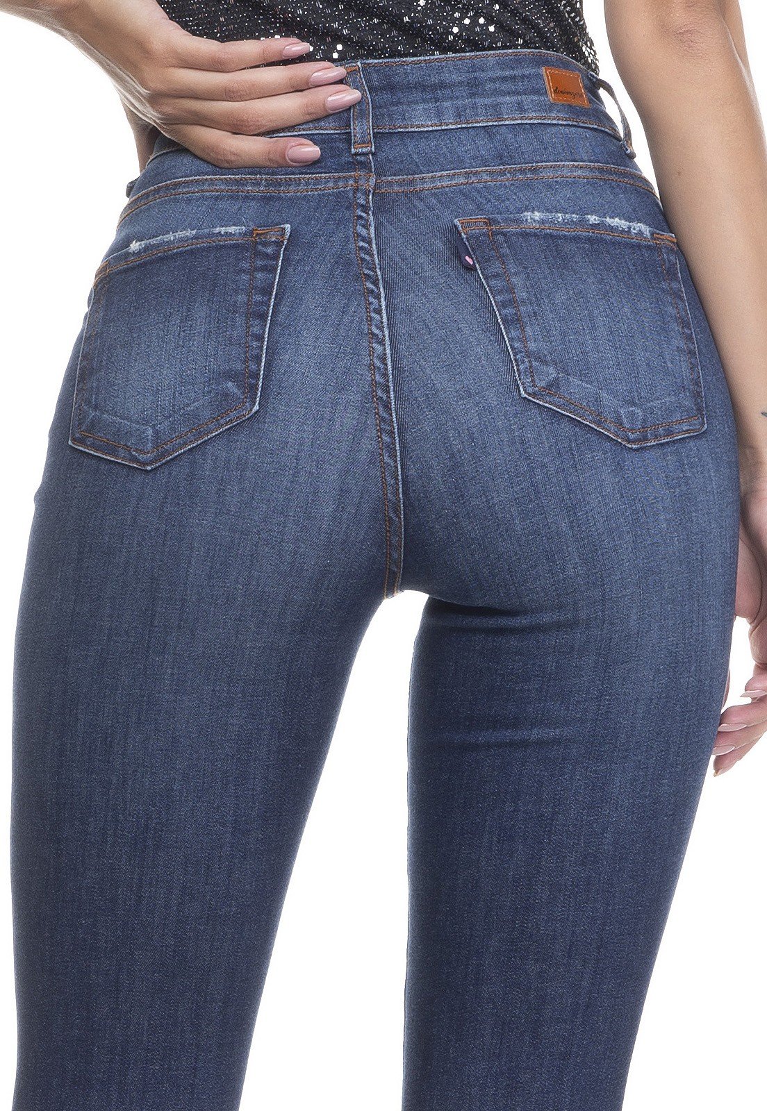 dz3365 calca jeans feminina skinny media barra desfiada denim zero costas detalhe