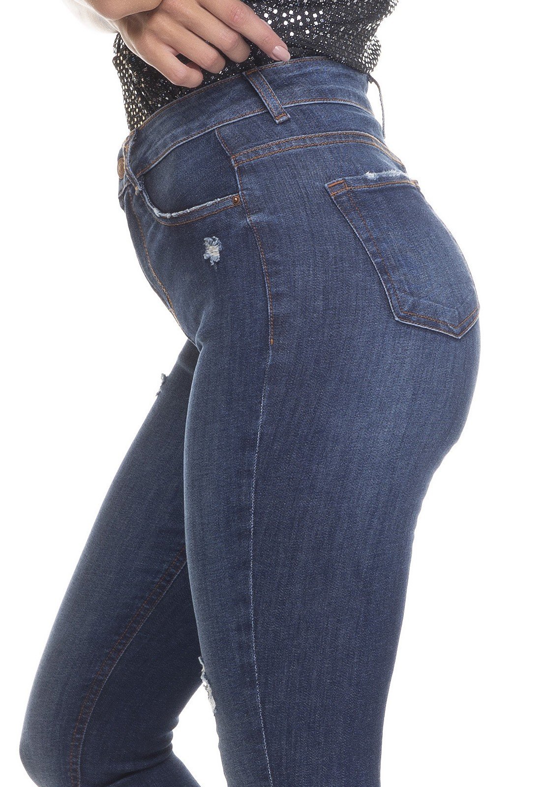 dz3365 calca jeans feminina skinny media barra desfiada denim zero lado detalhe